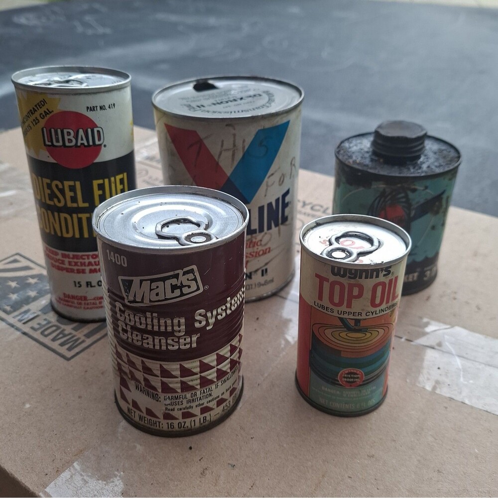 Vintage Oil Can Lot of 5 Gas Station Decor Mac's Wynn's Lubaid NOS FULL Cans